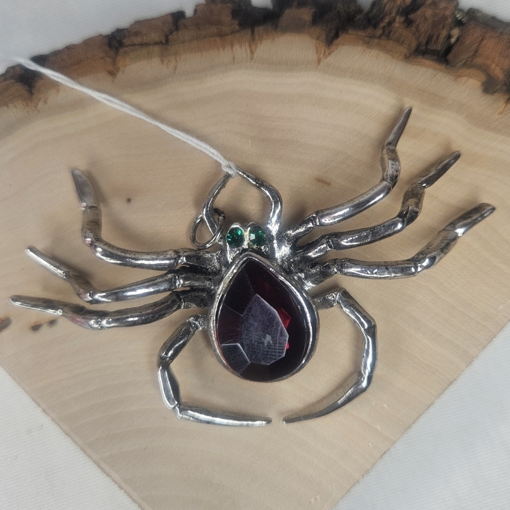 Ruby Red Rhinestone Abdomen Silver Tone Spider Pendant 3" EUC Large - Picture 2 of 7